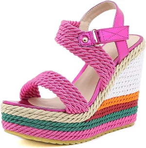Tscoyuki Women's Braided Silk Ribbon Wedges Sandals, Platform Open Toe Buckle Ankle Strap Summer High Wedge Heels Shoes