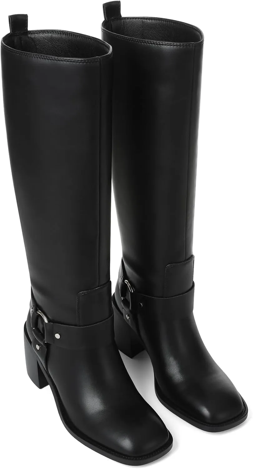 Tscoyuki Women's Knee High Boots, Chunky Heel Square Toe Tall Boots for Women Wide Calf Slip On Motorcycle Riding Boots