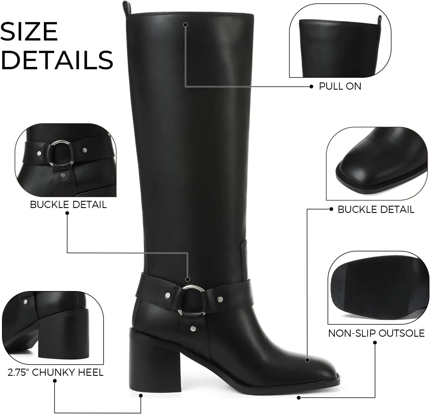 Tscoyuki Women's Knee High Boots, Chunky Heel Square Toe Tall Boots for Women Wide Calf Slip On Motorcycle Riding Boots