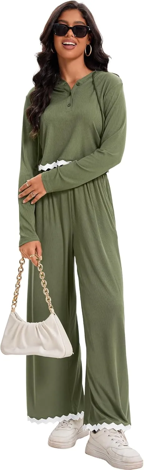 Two Piece Sets for Women Casual Lounge Sets Cropped Half Button Hoodie Top Wide Leg Pants Ribbed Knit Tracksuit