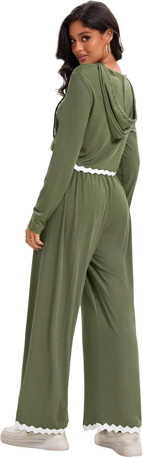 Two Piece Sets for Women Casual Lounge Sets Cropped Half Button Hoodie Top Wide Leg Pants Ribbed Knit Tracksuit
