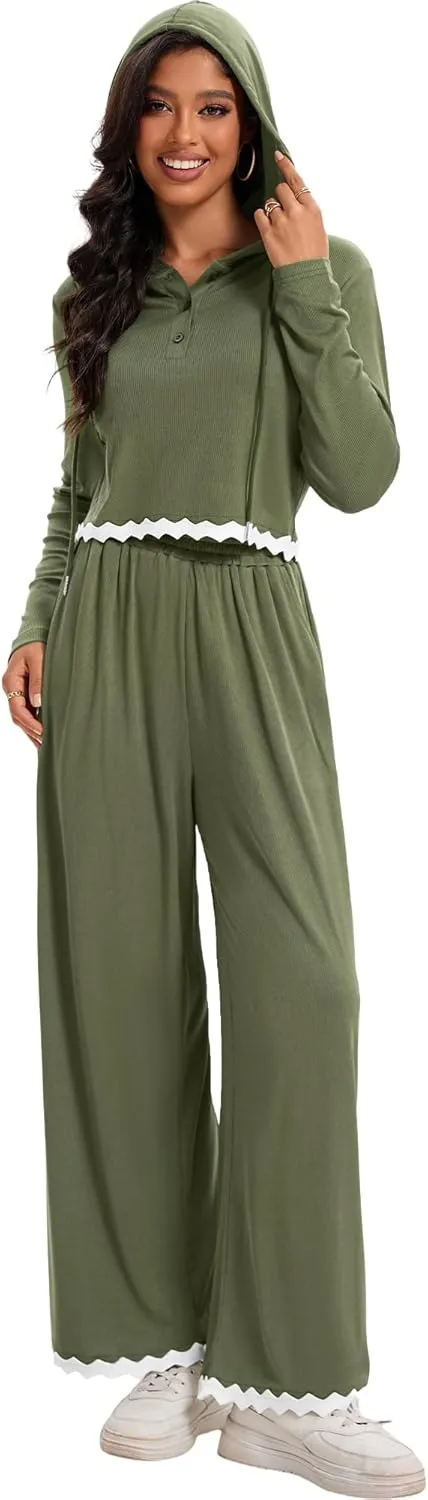 Two Piece Sets for Women Casual Lounge Sets Cropped Half Button Hoodie Top Wide Leg Pants Ribbed Knit Tracksuit