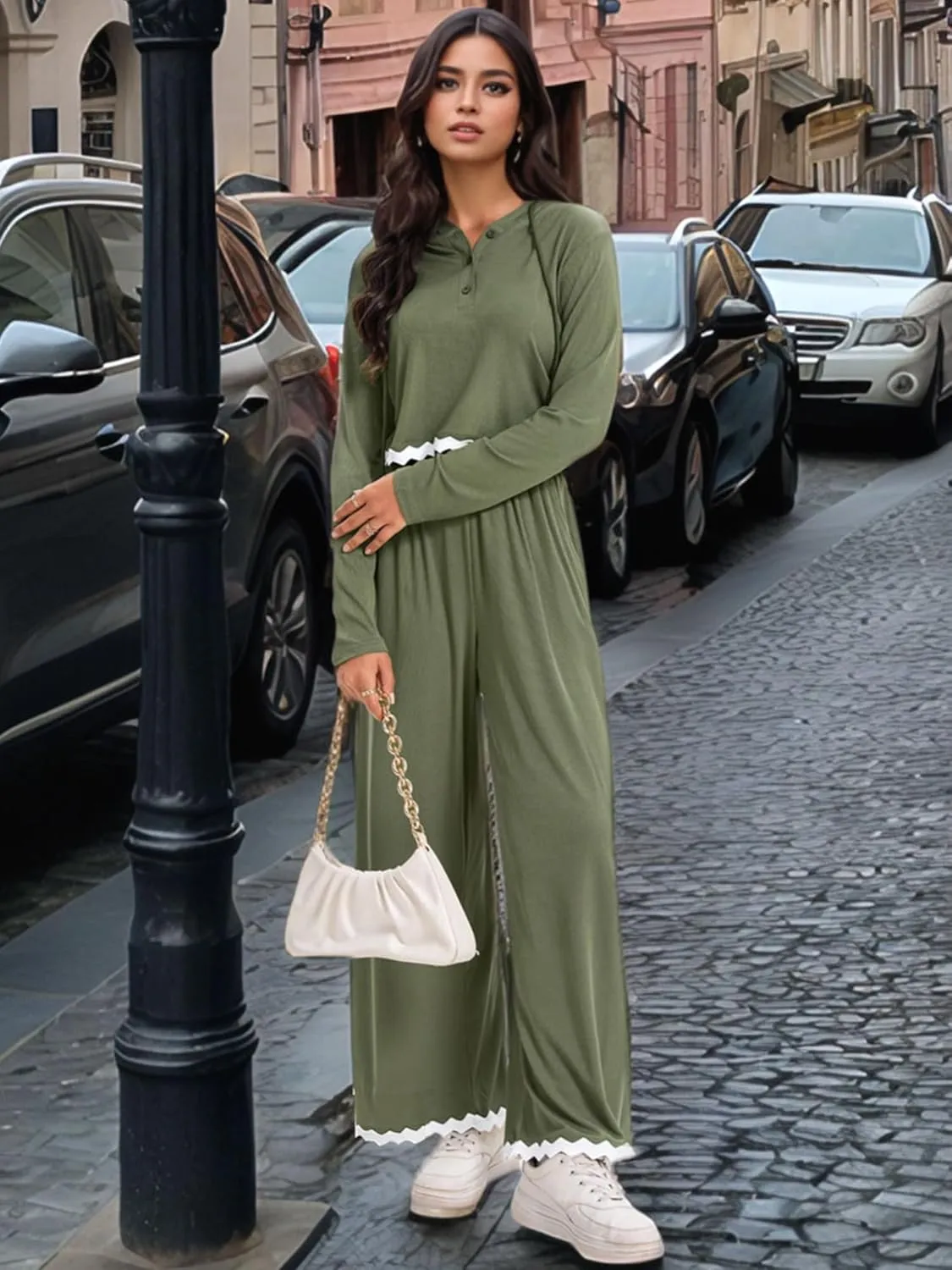 Two Piece Sets for Women Casual Lounge Sets Cropped Half Button Hoodie Top Wide Leg Pants Ribbed Knit Tracksuit