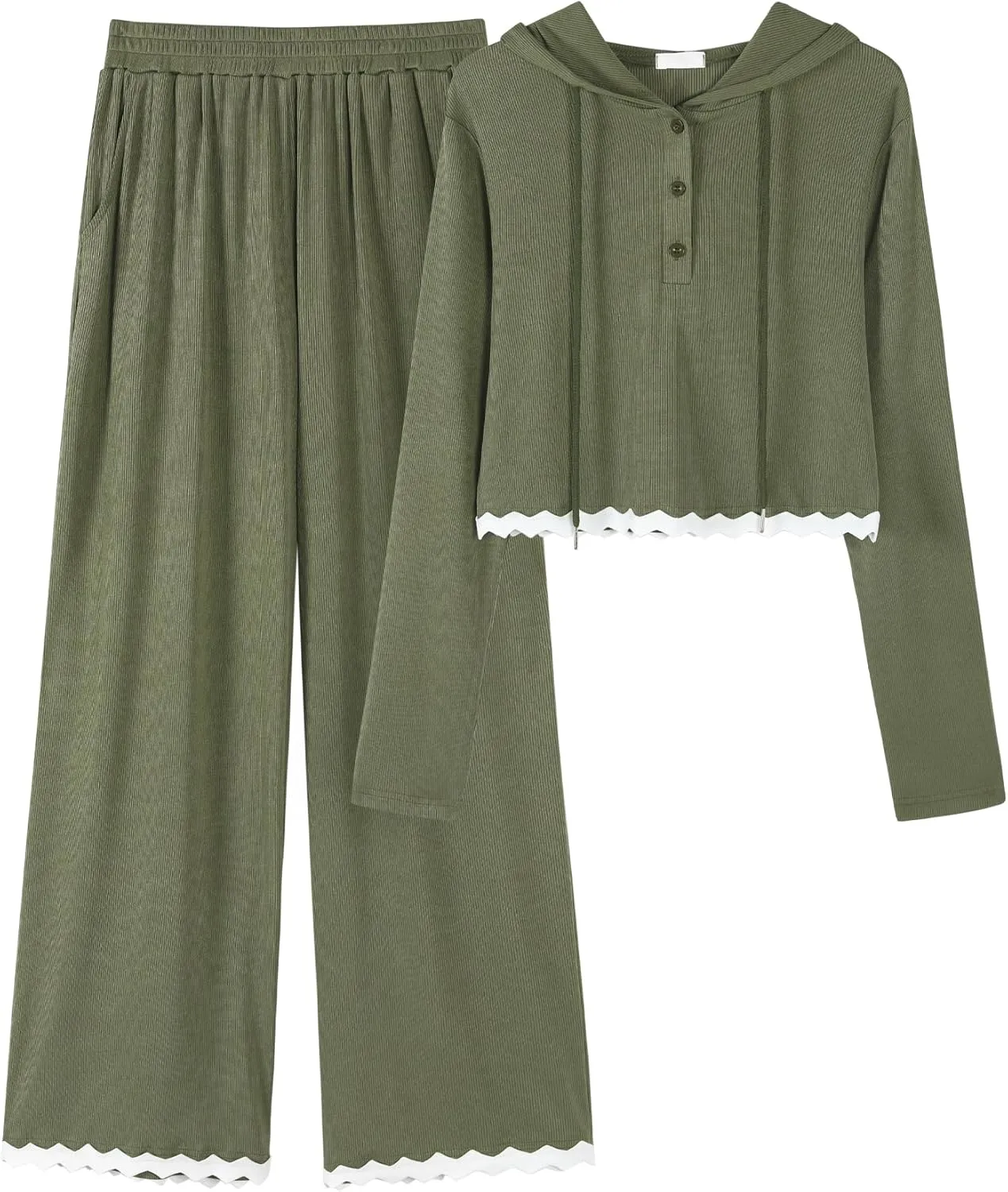 Two Piece Sets for Women Casual Lounge Sets Cropped Half Button Hoodie Top Wide Leg Pants Ribbed Knit Tracksuit