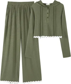 Two Piece Sets for Women Casual Lounge Sets Cropped Half Button Hoodie Top Wide Leg Pants Ribbed Knit Tracksuit