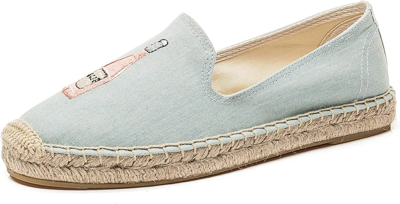U-lite Women's Cap-Toe Slip on Flats Shoes Platform Espadrilles Embroidery Canvas Linen Loafers
