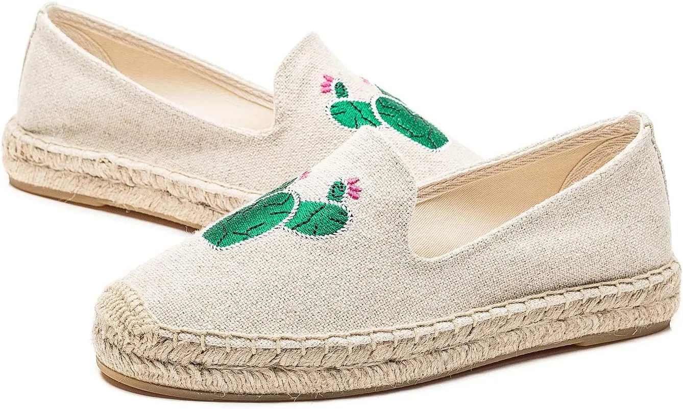 U-lite Women's Cap-Toe Slip on Flats Shoes Platform Espadrilles Embroidery Canvas Linen Loafers