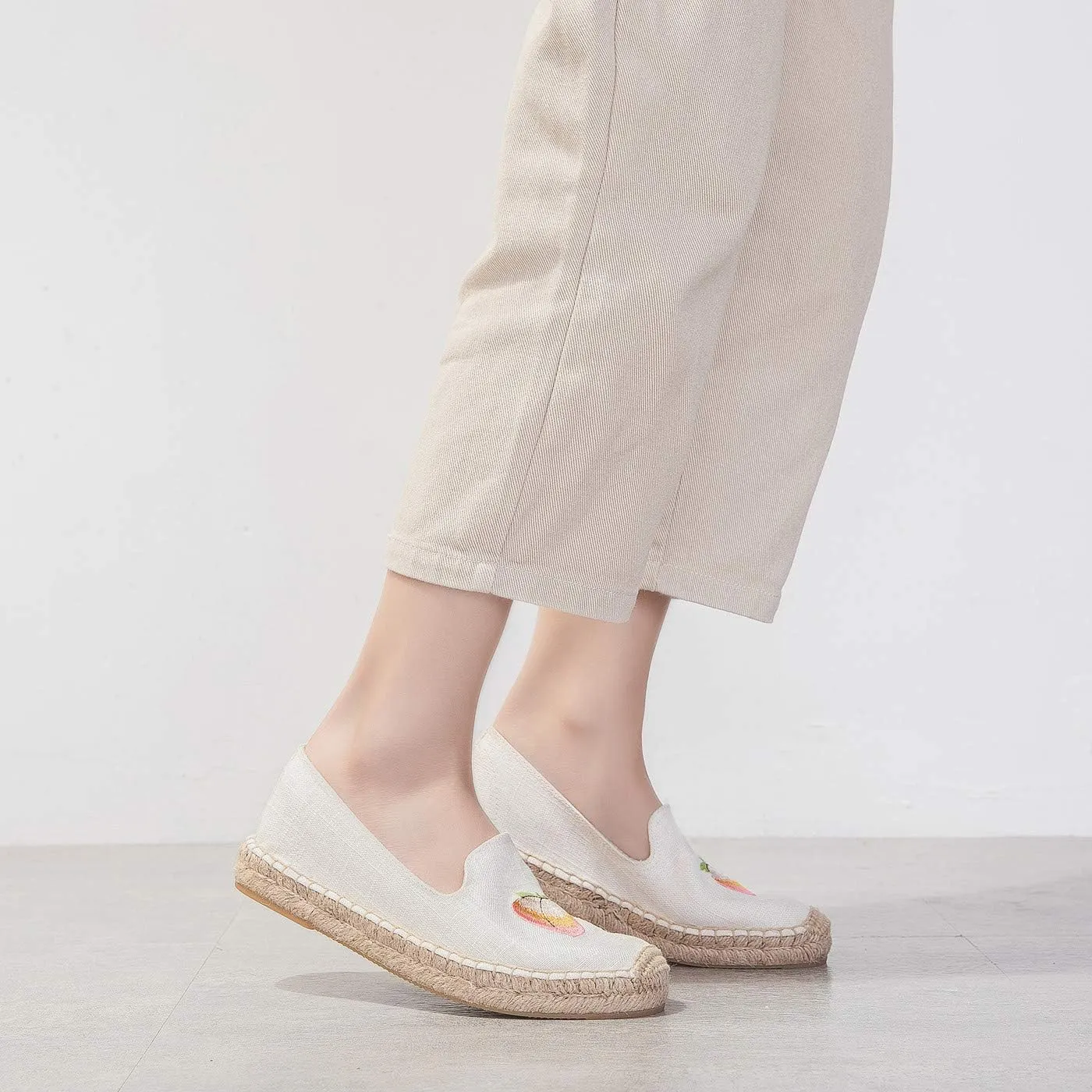 U-lite Women's Cap-Toe Slip on Flats Shoes Platform Espadrilles Embroidery Canvas Linen Loafers
