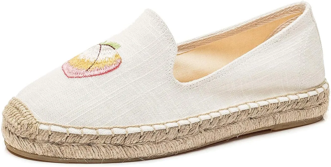U-lite Women's Cap-Toe Slip on Flats Shoes Platform Espadrilles Embroidery Canvas Linen Loafers
