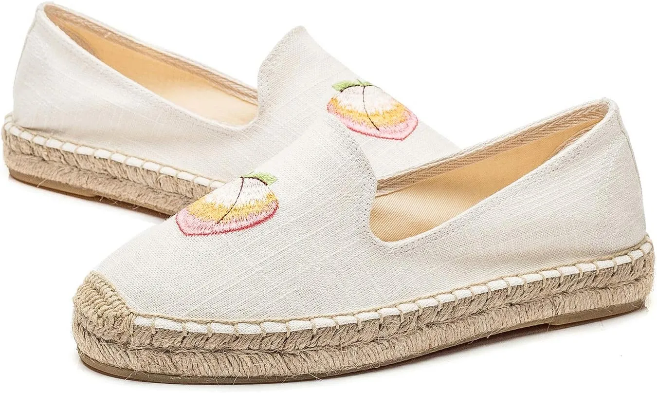 U-lite Women's Cap-Toe Slip on Flats Shoes Platform Espadrilles Embroidery Canvas Linen Loafers