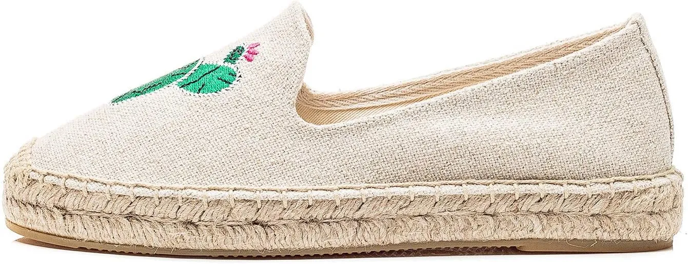 U-lite Women's Cap-Toe Slip on Flats Shoes Platform Espadrilles Embroidery Canvas Linen Loafers