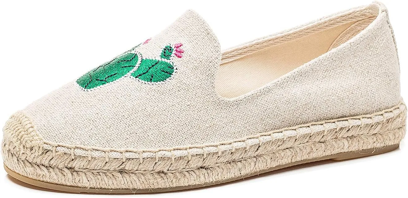 U-lite Women's Cap-Toe Slip on Flats Shoes Platform Espadrilles Embroidery Canvas Linen Loafers