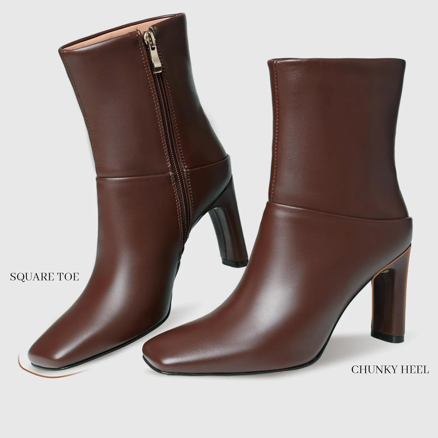 Uacllcau Ankle Boots for Women Square Toe High Heel Block Mid Calf Side Zipper Short Booties Gogo Fashion Fall Winter Boots