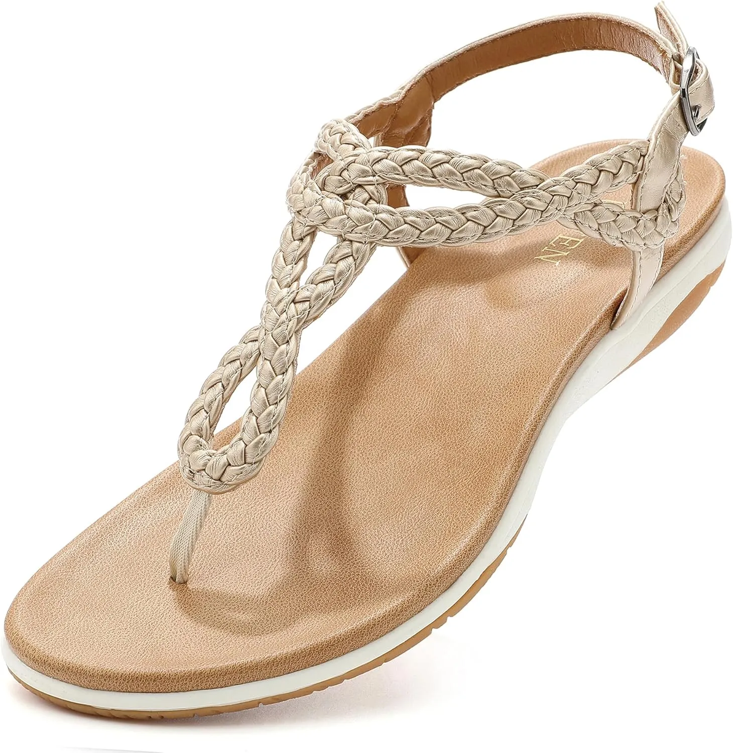 UBFEN Womens Flat Sandals Dress Braided T-Strap Thong Sandals with Arch Support Comfortable for Walking