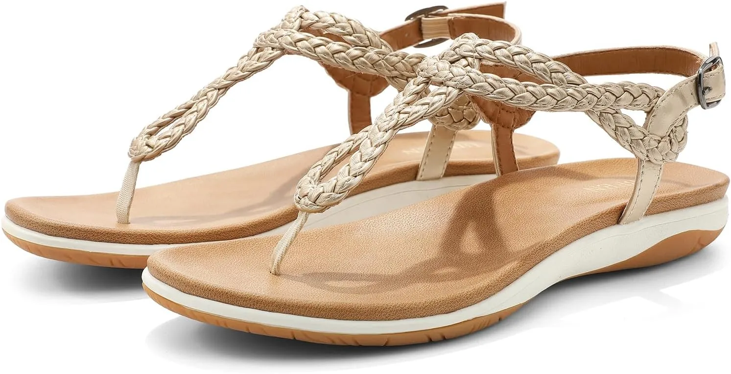 UBFEN Womens Flat Sandals Dress Braided T-Strap Thong Sandals with Arch Support Comfortable for Walking