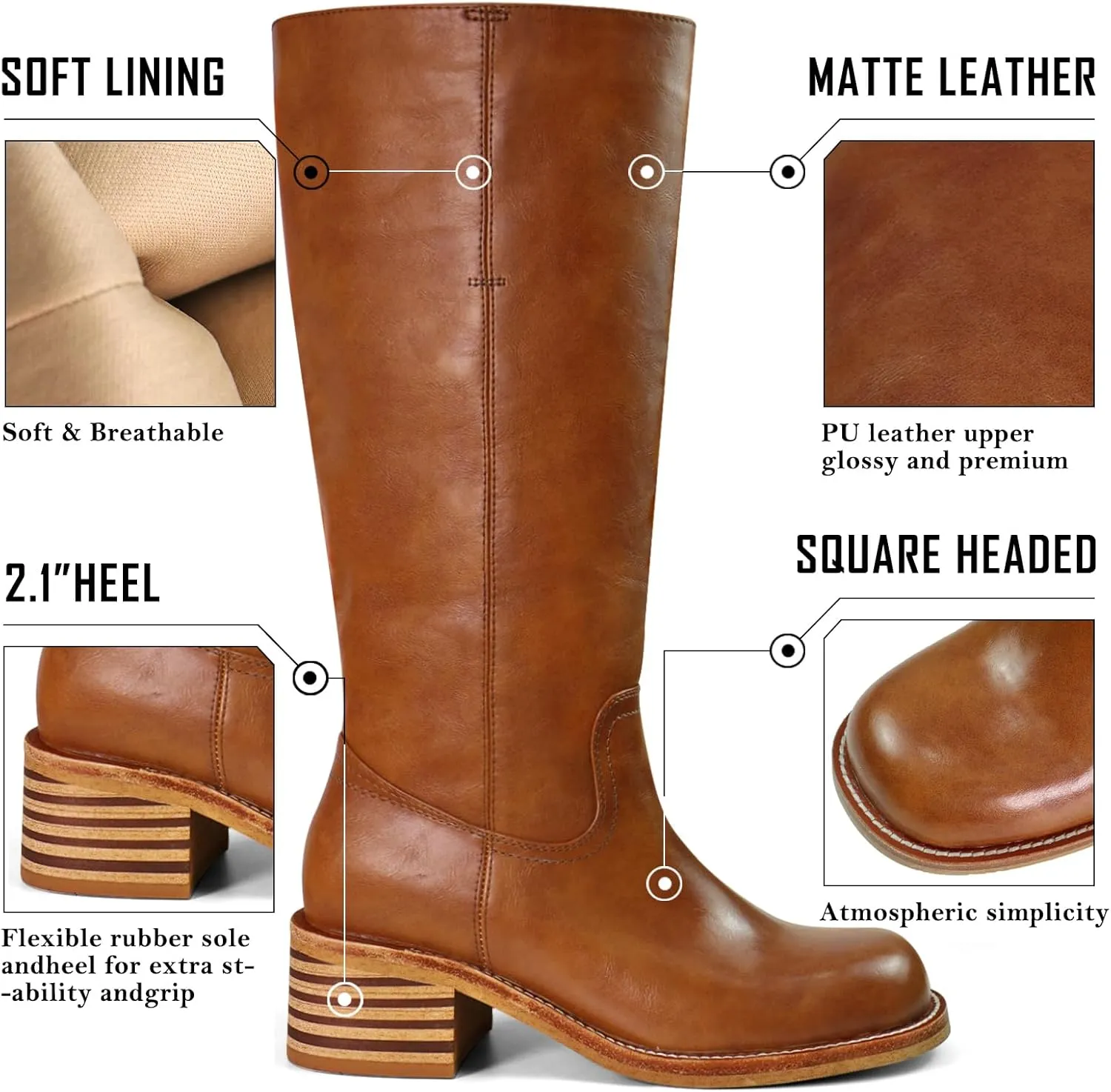 UBWDU Women's Knee High Boots Chunky Block Heel Long Boots Square Toe Low Heel Boots for Women
