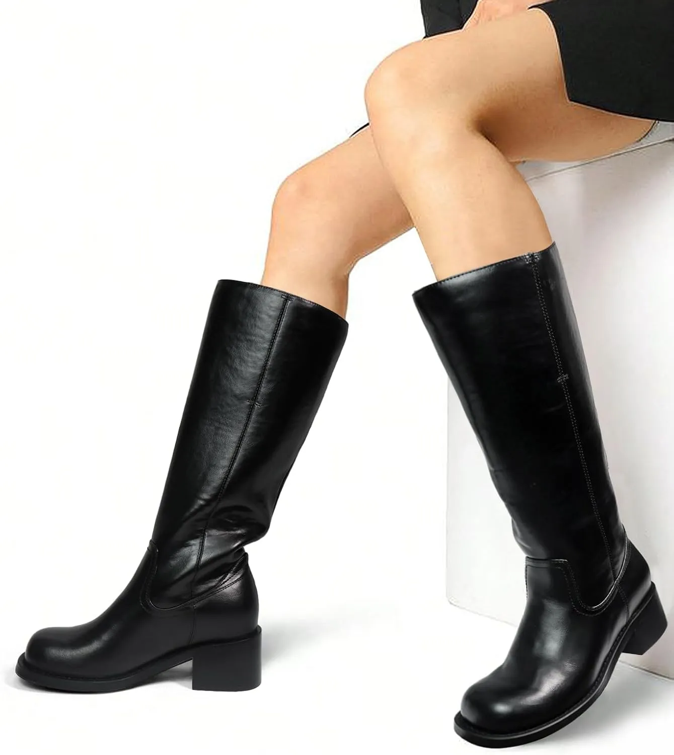UBWDU Women's Knee High Boots Chunky Block Heel Long Boots Square Toe Low Heel Boots for Women