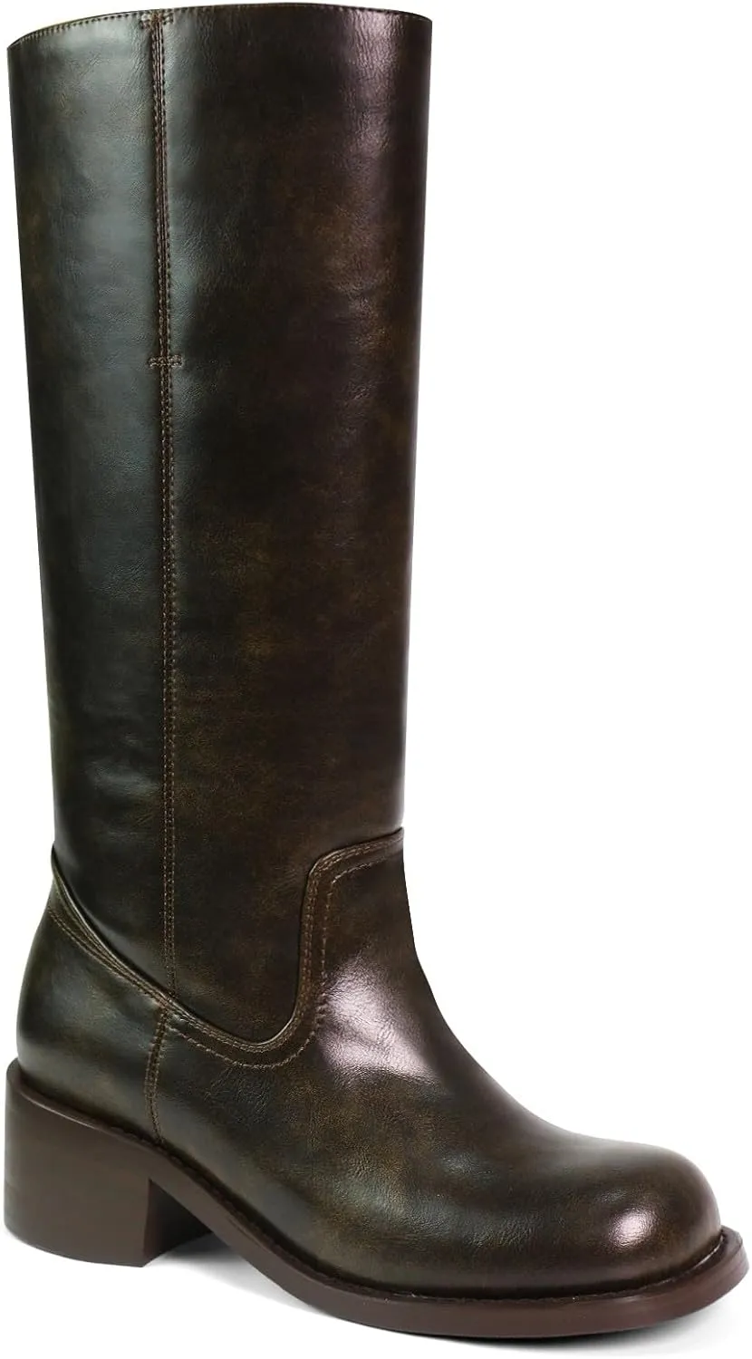 UBWDU Women's Knee High Boots Chunky Block Heel Long Boots Square Toe Low Heel Boots for Women