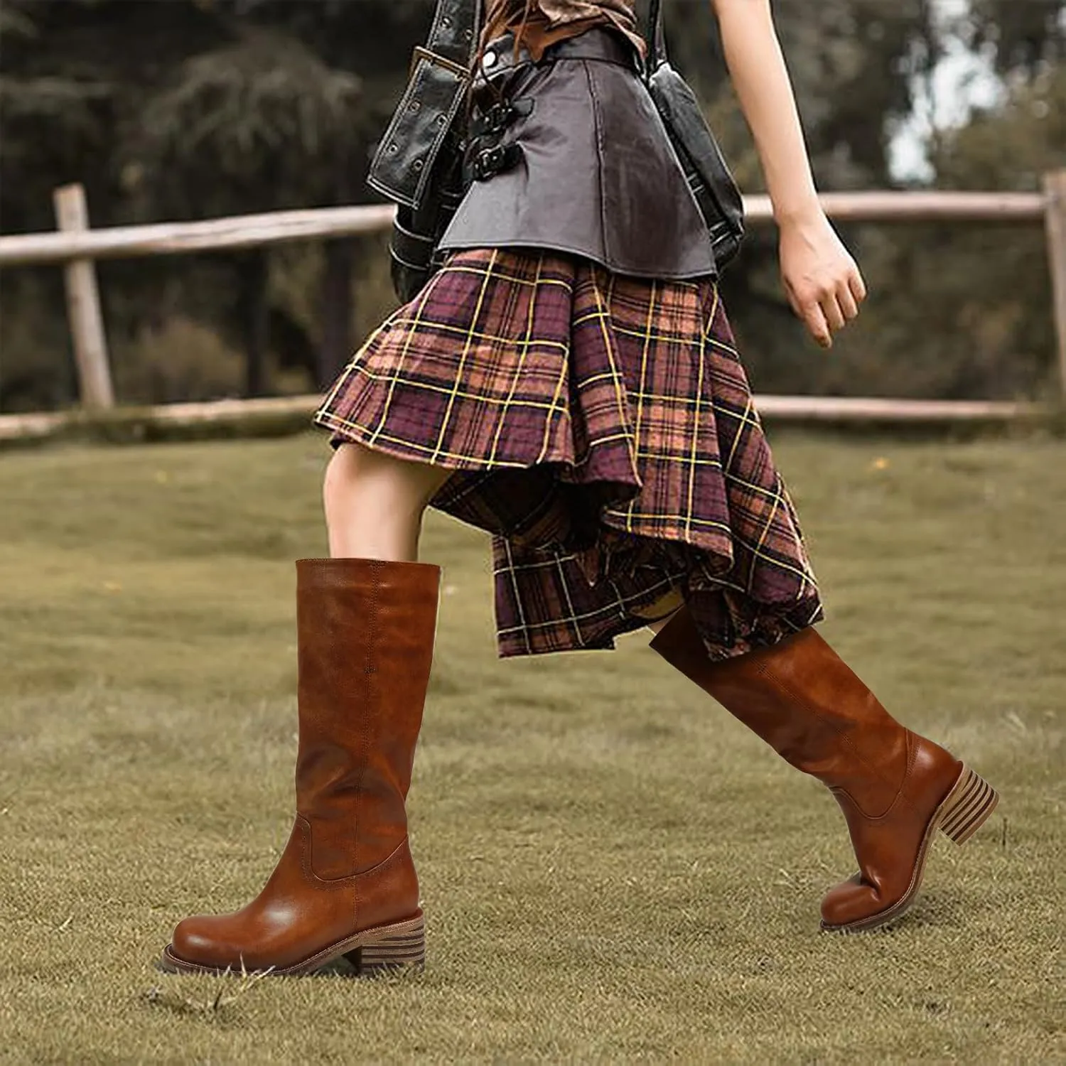 UBWDU Women's Knee High Boots Chunky Block Heel Long Boots Square Toe Low Heel Boots for Women