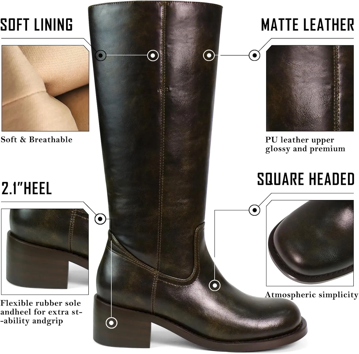 UBWDU Women's Knee High Boots Chunky Block Heel Long Boots Square Toe Low Heel Boots for Women