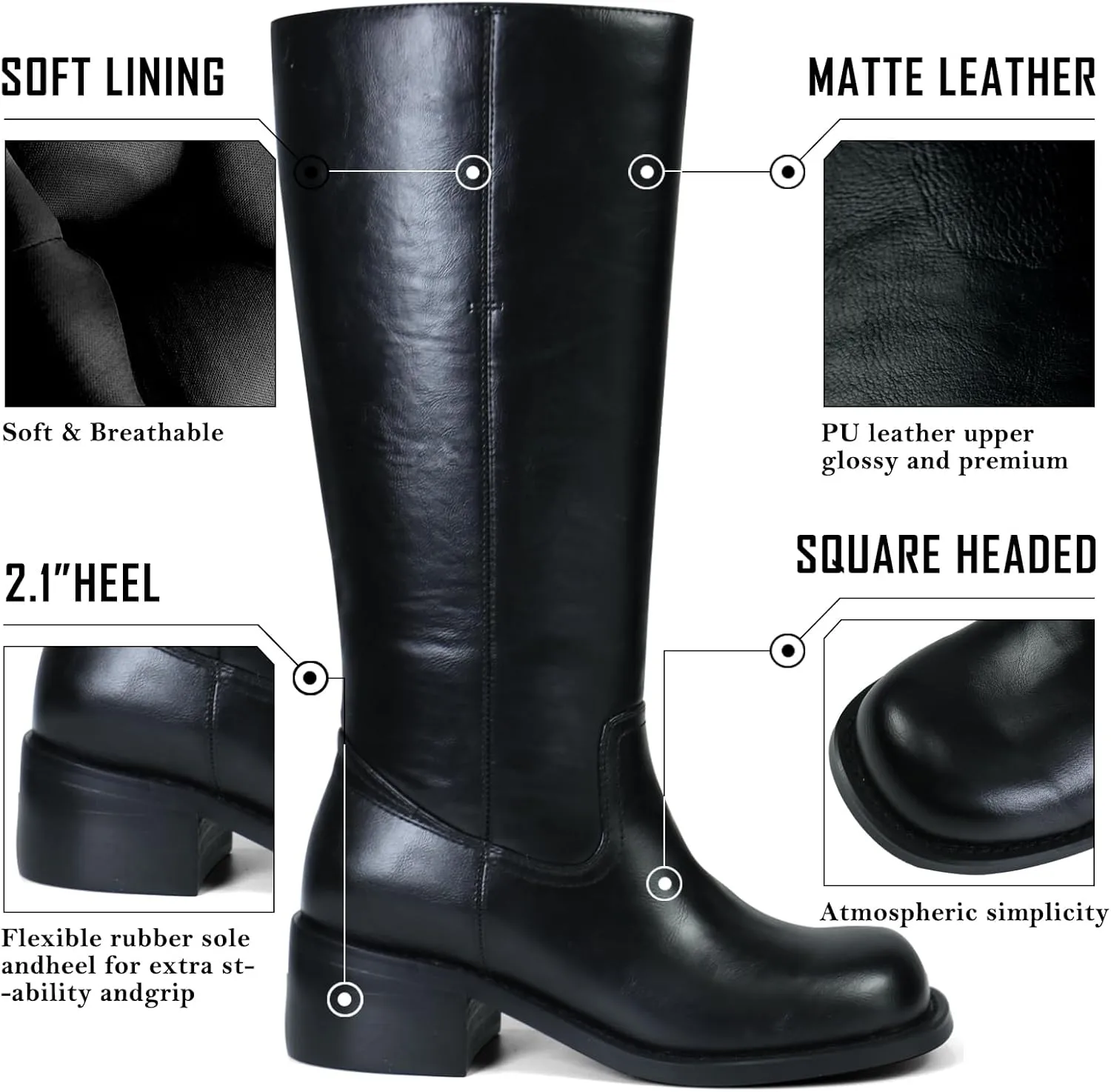 UBWDU Women's Knee High Boots Chunky Block Heel Long Boots Square Toe Low Heel Boots for Women