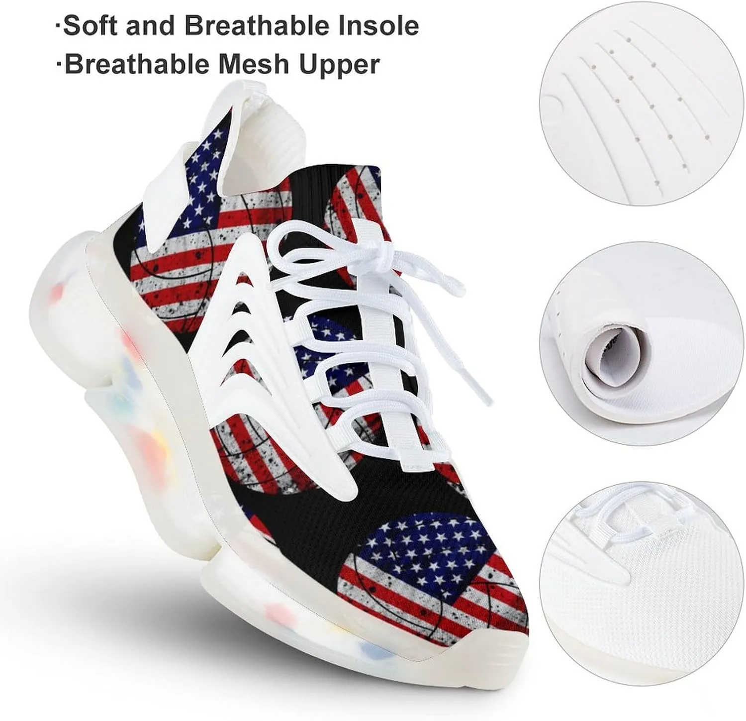USA Flag Volleyball Running Shoes for Men Low Top Athletic Training Shoe Sports Walking Shoes Non-Slip Gym Sneakers