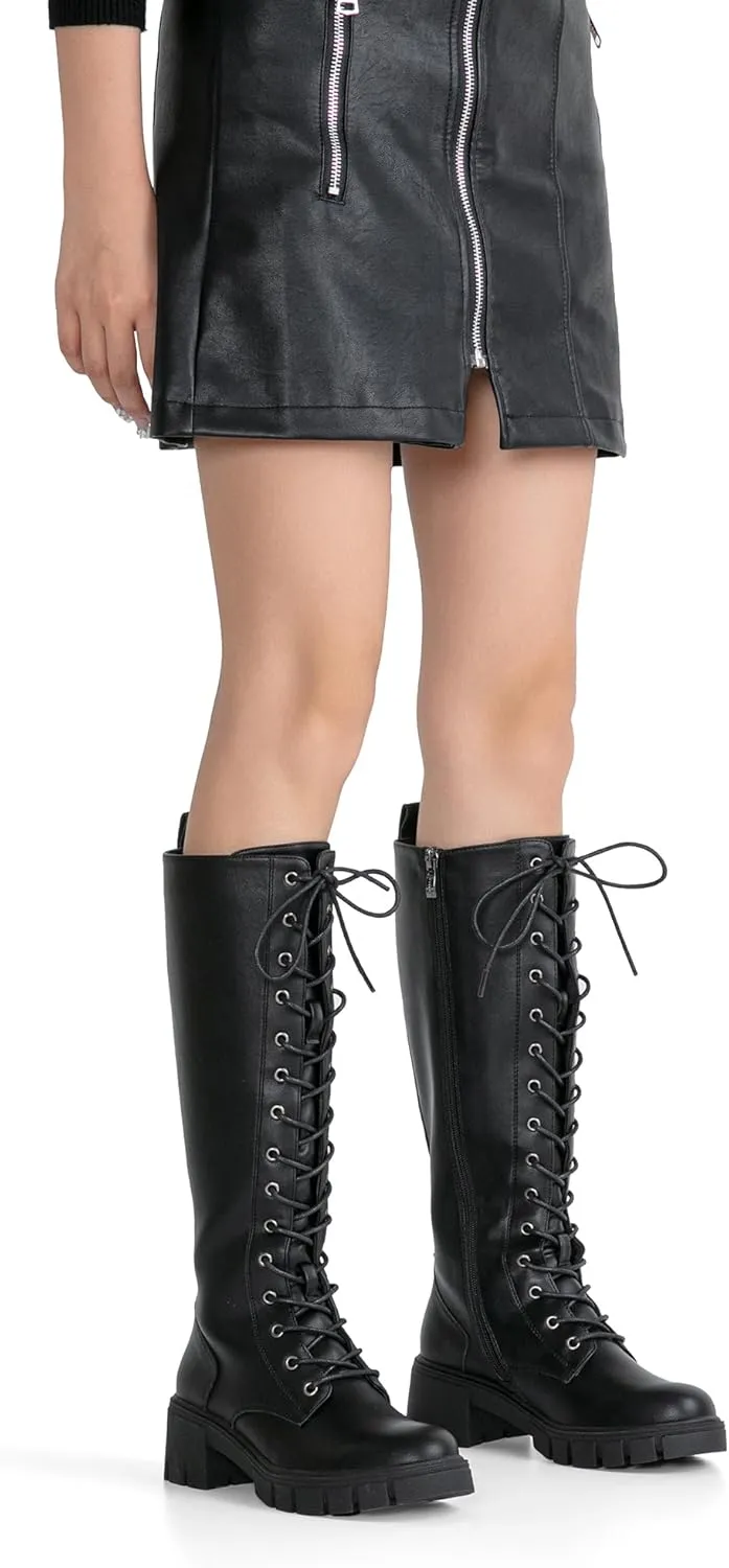 Vepose Women's 953 Lace Platform Combat Knee High Boots with Comfort Chunky Heel