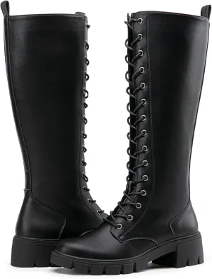 Vepose Women's 953 Lace Platform Combat Knee High Boots with Comfort Chunky Heel