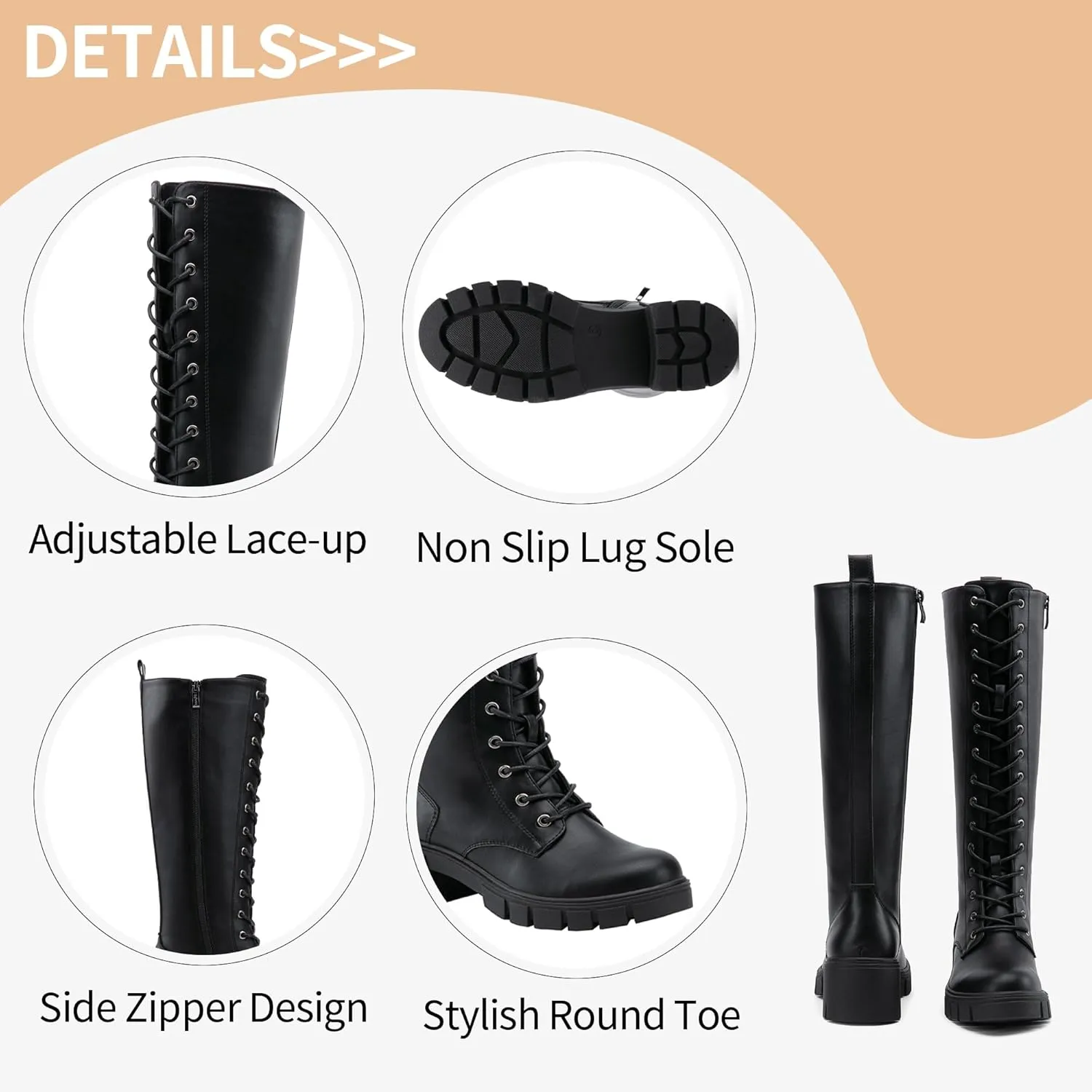 Vepose Women's 953 Lace Platform Combat Knee High Boots with Comfort Chunky Heel