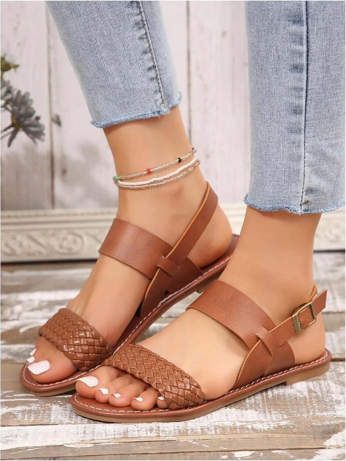 Verdusa Women's Braided Strappy Leather Sandals Open Toe Roman Flat Sandals