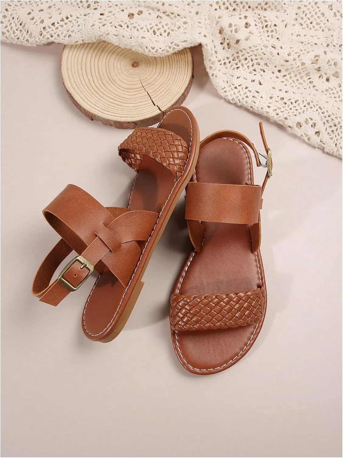 Verdusa Women's Braided Strappy Leather Sandals Open Toe Roman Flat Sandals