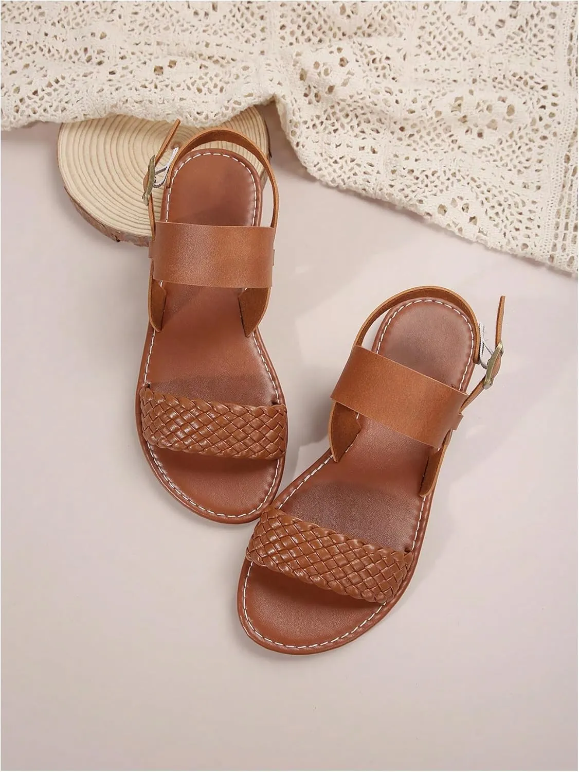 Verdusa Women's Braided Strappy Leather Sandals Open Toe Roman Flat Sandals