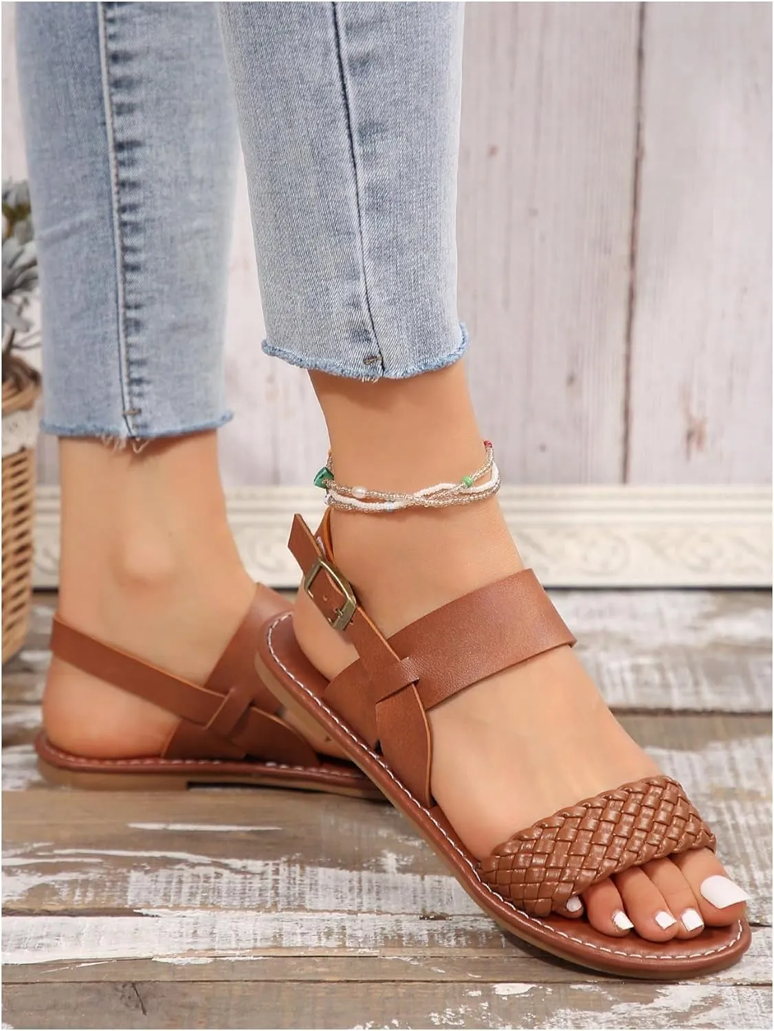 Verdusa Women's Braided Strappy Leather Sandals Open Toe Roman Flat Sandals