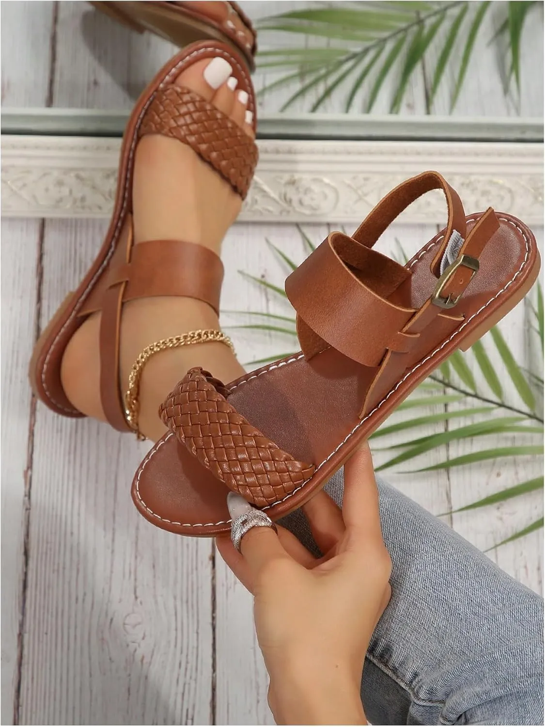 Verdusa Women's Braided Strappy Leather Sandals Open Toe Roman Flat Sandals