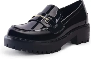 VETASTE Womens Lug Sole Platform Mid Chunky Heel Loafers Classic Round Toe Slip On Office Uniform Oxfords Shoes with Metal Chain