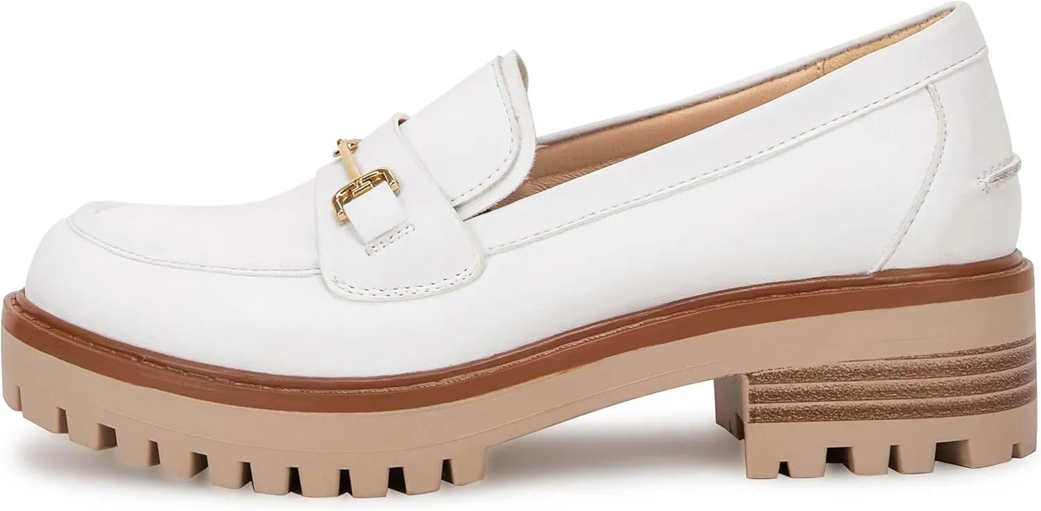VETASTE Womens Lug Sole Platform Mid Chunky Heel Loafers Classic Round Toe Slip On Office Uniform Oxfords Shoes with Metal Chain