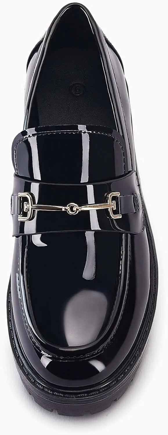 VETASTE Womens Lug Sole Platform Mid Chunky Heel Loafers Classic Round Toe Slip On Office Uniform Oxfords Shoes with Metal Chain