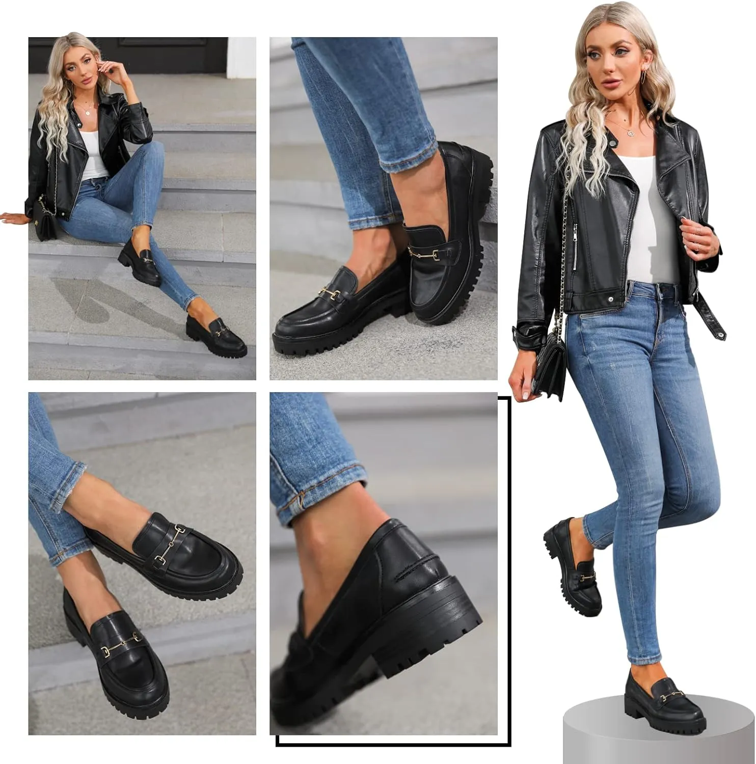 VETASTE Womens Lug Sole Platform Mid Chunky Heel Loafers Classic Round Toe Slip On Office Uniform Oxfords Shoes with Metal Chain