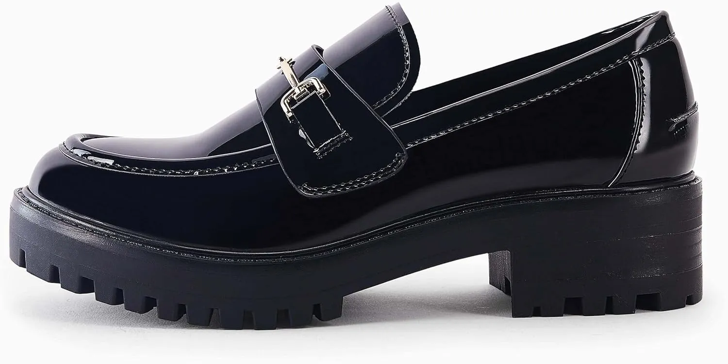 VETASTE Womens Lug Sole Platform Mid Chunky Heel Loafers Classic Round Toe Slip On Office Uniform Oxfords Shoes with Metal Chain