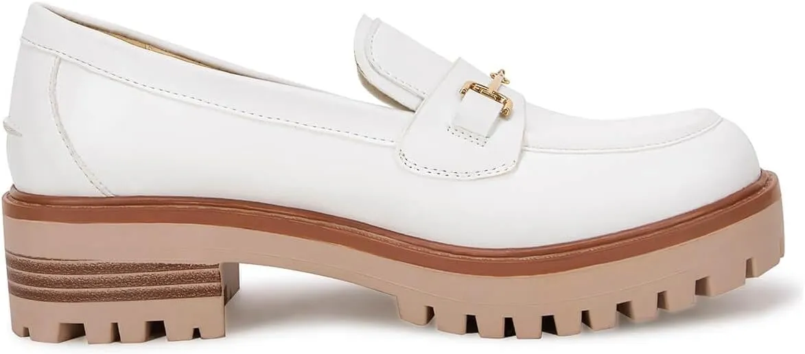 VETASTE Womens Lug Sole Platform Mid Chunky Heel Loafers Classic Round Toe Slip On Office Uniform Oxfords Shoes with Metal Chain