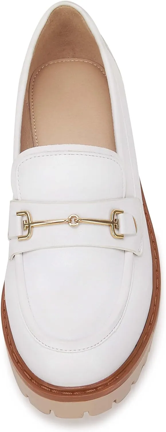 VETASTE Womens Lug Sole Platform Mid Chunky Heel Loafers Classic Round Toe Slip On Office Uniform Oxfords Shoes with Metal Chain