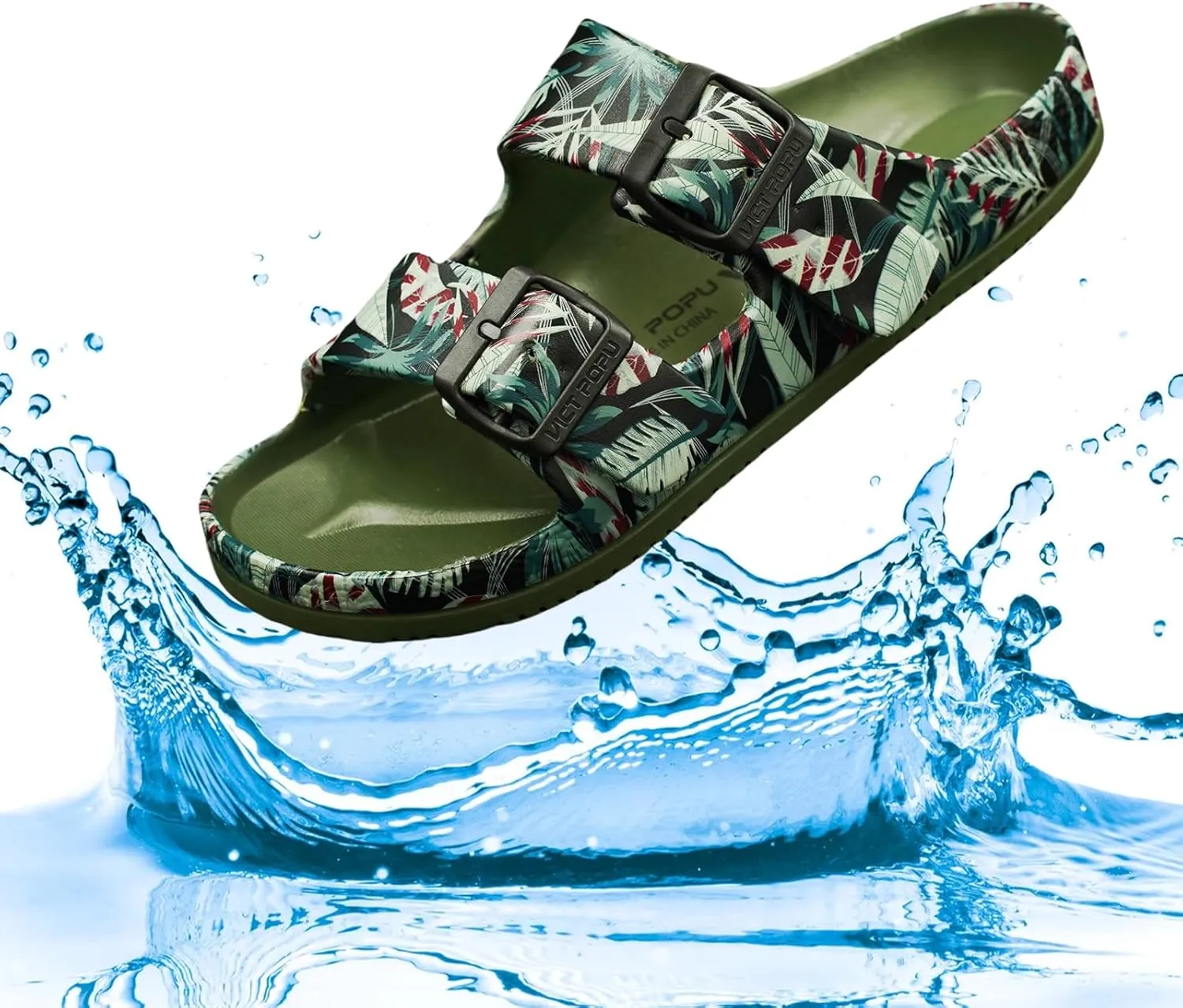 VICT POPU Womens Sandals Adjustable Double Buckle Strap Waterproof EVA Flat Slides