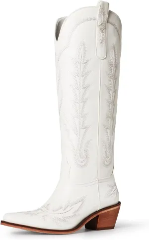 vimitty Fashion Embroidered Western Cowboy Boots for Women Ankle High Western Mid Calf Chunky Heel Pointed Toe Country Boots