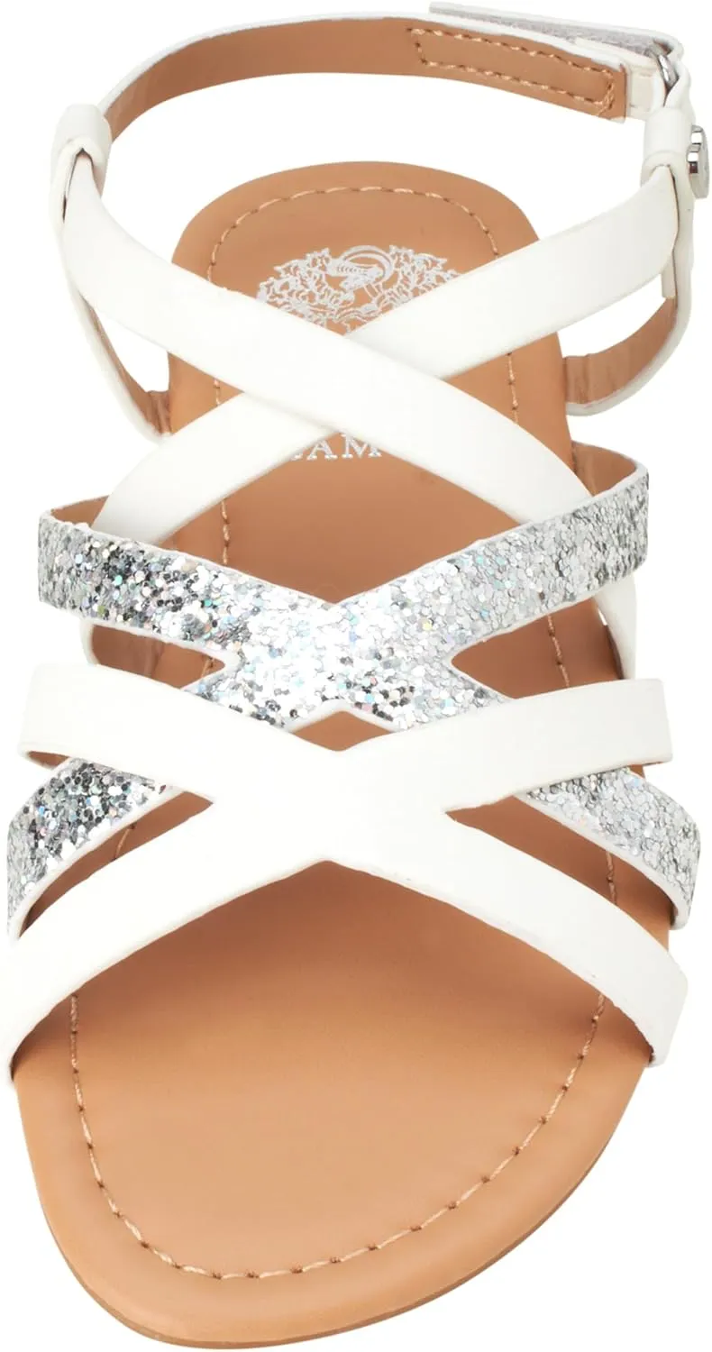 Vince Camuto Girls' Sandals - Open Toe Summer Strappy Flat Dress Shoes with Glitters and Secure Hook and Look Closure