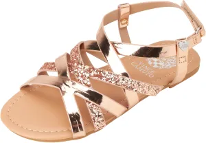 Vince Camuto Girls' Sandals - Open Toe Summer Strappy Flat Dress Shoes with Glitters and Secure Hook and Look Closure