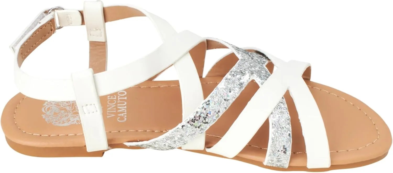 Vince Camuto Girls' Sandals - Open Toe Summer Strappy Flat Dress Shoes with Glitters and Secure Hook and Look Closure