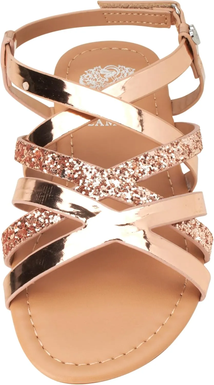 Vince Camuto Girls' Sandals - Open Toe Summer Strappy Flat Dress Shoes with Glitters and Secure Hook and Look Closure