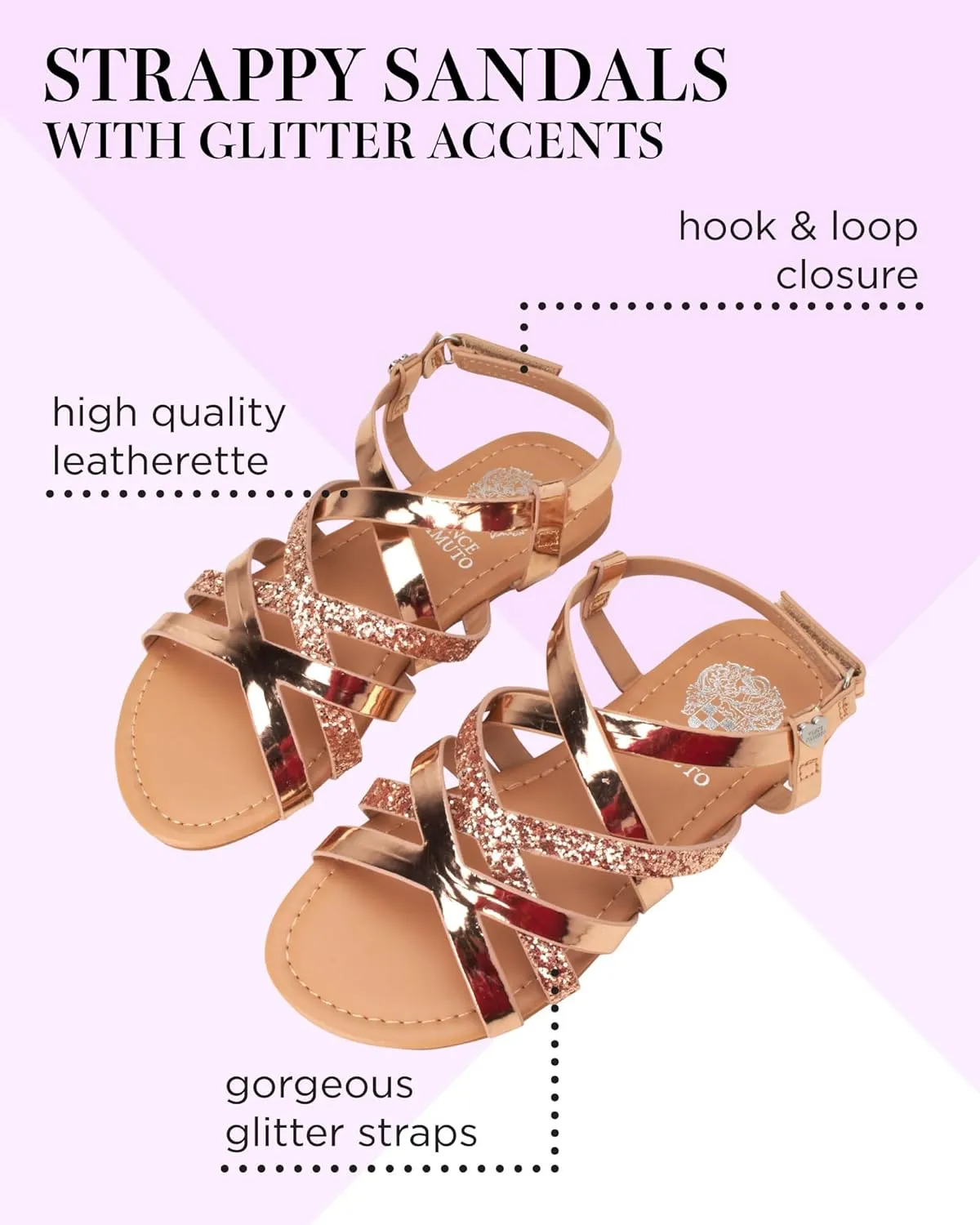 Vince Camuto Girls' Sandals - Open Toe Summer Strappy Flat Dress Shoes with Glitters and Secure Hook and Look Closure