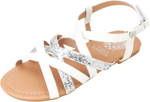 Vince Camuto Girls' Sandals - Open Toe Summer Strappy Flat Dress Shoes with Glitters and Secure Hook and Look Closure