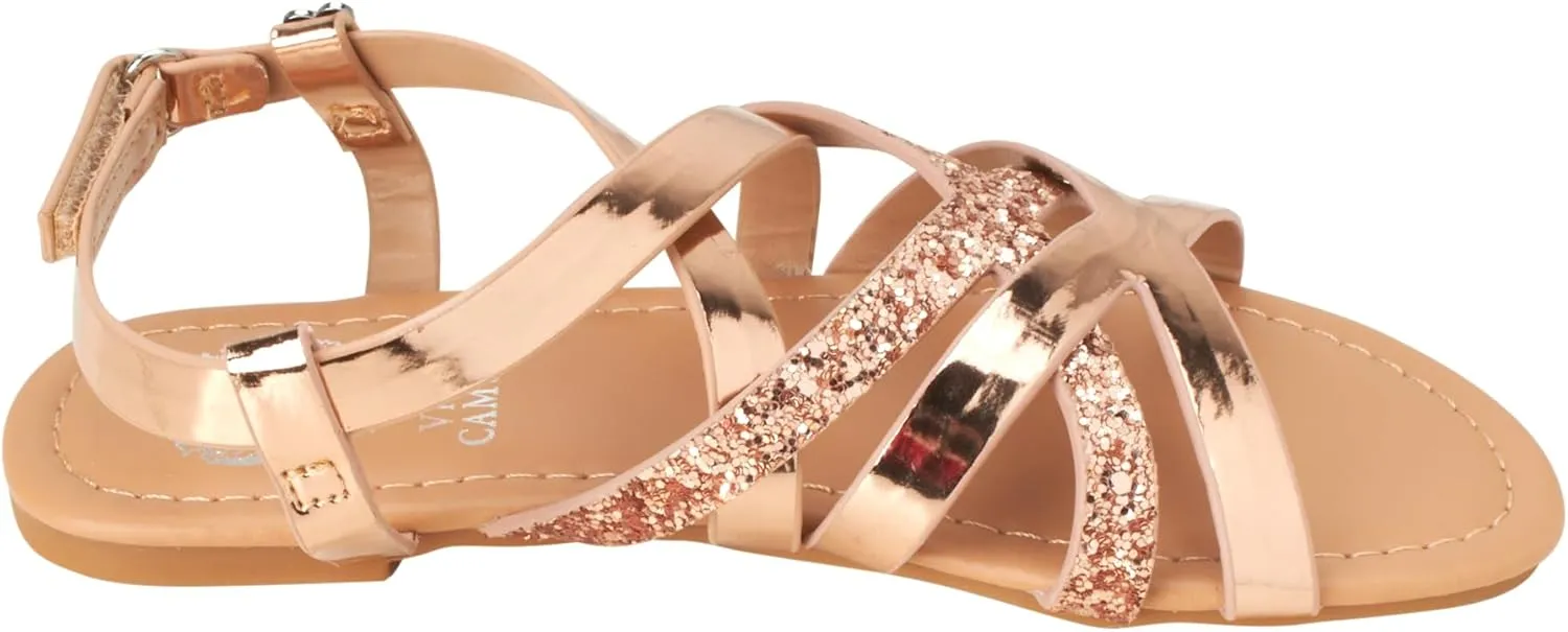 Vince Camuto Girls' Sandals - Open Toe Summer Strappy Flat Dress Shoes with Glitters and Secure Hook and Look Closure